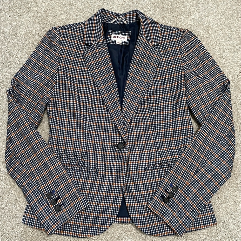 Merona Navy Orange and White Gingham Blazer